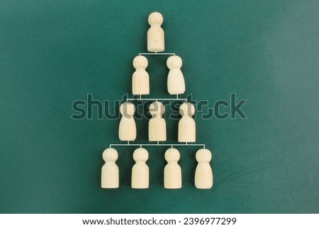 Company hierarchical organizational chart using wooden dolls on grey background with copy space. the concept of recruiting new members. the concept of hierarchy.