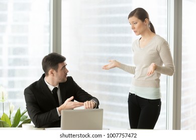 Company Leader Pointing On Wrist Watch When Asking Female Employee About Delay In Project, Fail Deadline, Deviation From Schedule, Late For Work. Woman Making Excuses Because Of Absence From Work