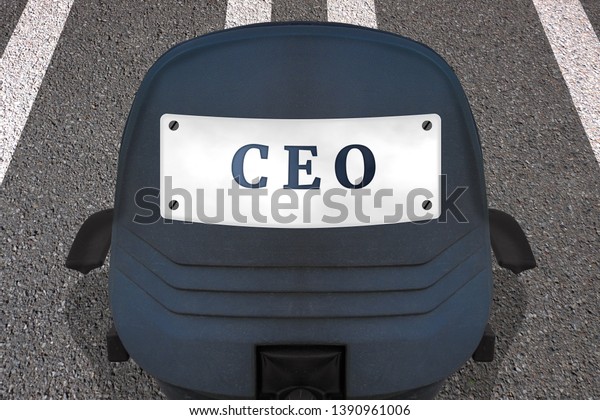 Company management concept poster. Text CEO.
Office chair on marked runway or highway in start position. Car ID
plate on back with
inscription