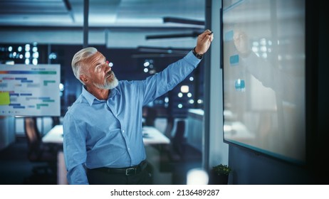 Company Operations Director Holds Sales Meeting Presentation For Employees And Executives. Creative White Entrepreneur Uses TV Screen With Growth Analysis, Charts, Ad Revenue. Work In Business Office.