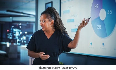 Company Operations Director Holds Sales Meeting Presentation For Employees And Executives. Creative Black Female Uses TV Screen With Growth Analysis, Charts, Ad Revenue. Work In Business Office.