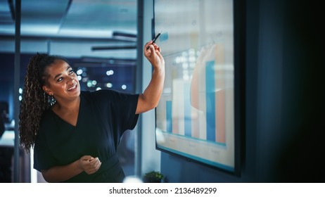 Company Operations Director Holds Sales Meeting Presentation For Employees And Executives. Creative Black Female Uses TV Screen With Growth Analysis, Charts, Ad Revenue. Work In Business Office.