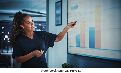 Company Operations Director Holds Sales Meeting Presentation For Employees And Executives. Creative Black Female Uses TV Screen With Growth Analysis, Charts, Ad Revenue. Work In Business Office.