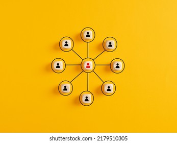 Company Organizational Chart Of Wooden Cubes On Yellow Background. Human Resources Management And Business Concept