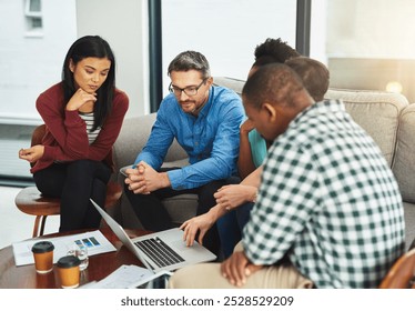 Company, research and people with laptop in discussion for project planning, support and IT report. Office team, meeting and developer with tech for software development, review and open source info