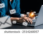 Company uses email marketing to send out engaging newsletters and promotional content through electronic mail in cyberspace, reaching customers online. email, mail, content, marketing, newsletter.