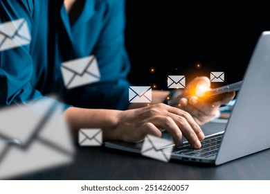 Company uses email marketing to send out engaging newsletters and promotional content through electronic mail in cyberspace, reaching customers online. email, mail, content, marketing, newsletter.