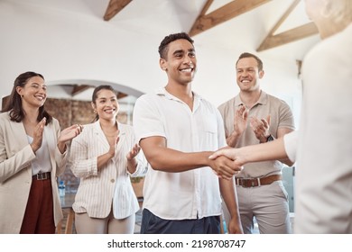 Company welcome employee to team, manager recruiting staff and we are hiring job. Business onboarding happy man, thank you, diversity teamwork collaboration and congratulations handshake meeting boss