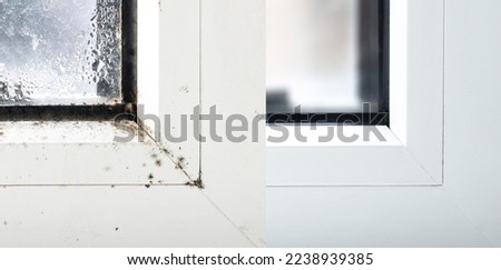 Comparative Before and after clean window  condensation with black mold dirty window frame in winter from inside the house.  商業照片 © 