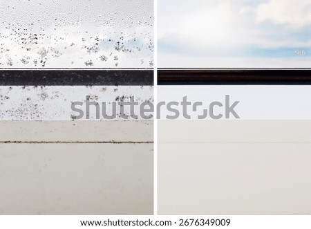 Comparative Before and after clean window condensation with black mold dirty window frame in winter from inside the house.