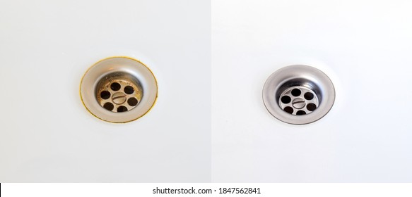 Compare Before And After Clean The Dirty Sink, Rusty Stain On An Old And Dirty Sink And A Rusty Metal Drain In The Bathroom