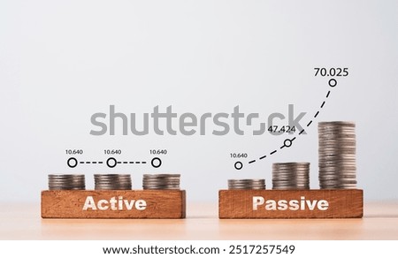 Compare between constant and increasing coins stacking for fix active income and growth passive income concept.