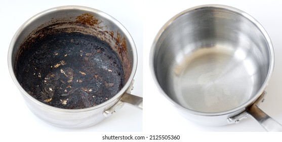Compare burnt pan before and after cleaning the unclean able stained pot from burnt cookin. The dirty stainless steel pan with the clean pan clean shiny bright like new. - Shutterstock ID 2125505360
