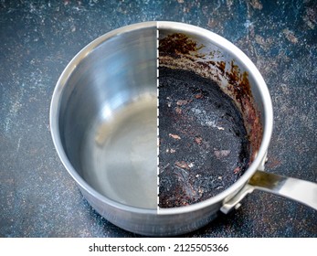 Compare burnt pan before and after cleaning the unclean able stained pot from burnt cooking. The dirty stainless steel pan with the clean pan clean shiny bright like new.