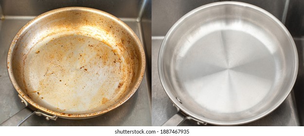 Compare Burnt Pan Image Before And After Cleaning The Unclean Able Stained Pot From Burnt Cooking Pot. The Dirty Stainless Steel Pan With The Clean Pan Clean Shiny Bright Like New In The Kitchen Sink.