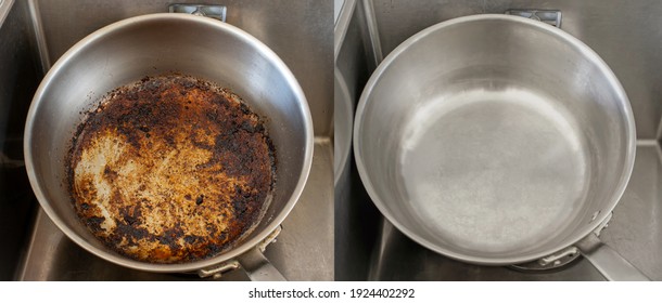 Compare Burnt Pan Image Before And After Cleaning The Unclean Able Stained Pot From Burnt Cooking Pot. The Dirty Stainless Steel Pan With The Clean Pan Clean Shiny Bright Like New In The Kitchen Sink.