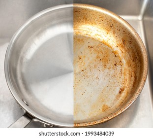 Compare Burnt Pan Image Before And After Cleaning The Unclean Able Stained Pot From Burnt Cooking Pot. The Dirty Stainless Steel Pan With The Clean Pan Clean Shiny Bright Like New In The Kitchen Sink.