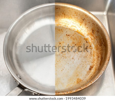 Compare burnt pan image before and after cleaning the unclean able stained pot from burnt cooking pot. The dirty stainless steel pan with the clean pan clean shiny bright like new in the kitchen sink.