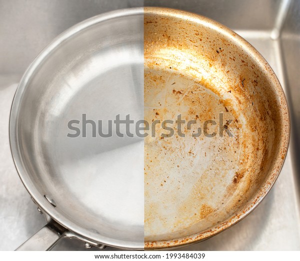Compare burnt pan image before and after cleaning\
the unclean able stained pot from burnt cooking pot. The dirty\
stainless steel pan with the clean pan clean shiny bright like new\
in the kitchen sink.