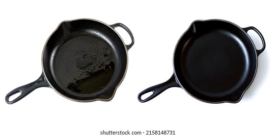 Compare Cast Iron Pan Before And After Cleaning. The Oily Burnt Dirty Cast Iron Pan With The Clean Pan Clean Shiny Skillet Bright Like New.