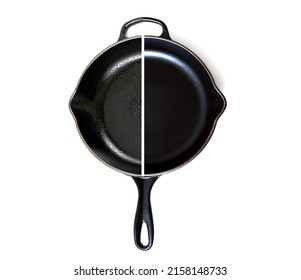 Compare Cast Iron Pan Before And After Cleaning. The Oily Burnt Dirty Cast Iron Pan With The Clean Pan Clean Shiny Skillet Bright Like New.