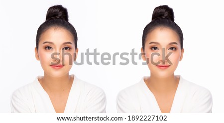 Compare faces before and after when beauty woman get Cosmetic surgery and Plastic surgery Asian girl has V shape face and has beautiful facial skin Plastic Surgery Cosmetic surgery concept