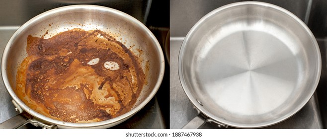 Compare Image Before And After Cleaning The Unclean Able Stained Pot From Burnt Cooking Pan. The Dirty Stainless Steel Pan With The Clean Pan Clean Shiny Bright Like New In The Kitchen Sink.