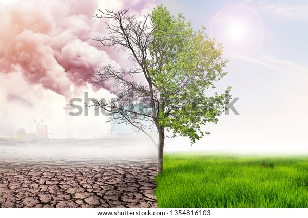comparing green\
earth and effect of air pollution from human action, glbal warming\
concept, green tree and green earth with light and arid land with\
air pollusion at\
background