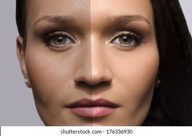 Comparison of a beautiful woman before and after retouching with photoshop, aging versus young, beauty treatment