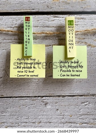 Comparison between Intelligence quotient, IQ and Emotional Intelligence, EQ on notepaper with copy space background. Stock photo.