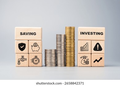 Comparison between saving and investing using wooden blocks and coin stacks, highlighting safety, risk, growth, and financial planning strategies