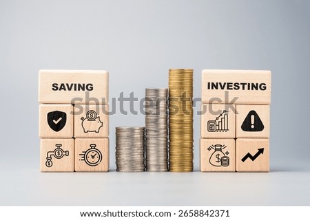 Comparison between saving and investing using wooden blocks and coin stacks, highlighting safety, risk, growth, and financial planning strategies