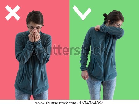 Comparison between wrong and right way to sneeze to prevent virus infection. Caucasian woman isolated on colored background sneezing,coughing into her arm or elbow to prevent contagion