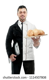 Comparison Of Businessman And Chef's Outlook. Businessman Wearing Classic Suit With White Shirt, Black Tie, Keeping Black Folder. Chef Wearing Chef's Tunic, Holing Plate With Fresh Baked Croissants.