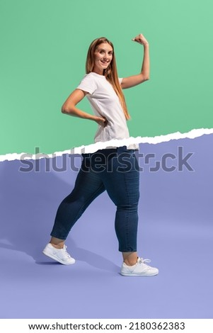 Comparison and contrast human shapes. Creative art collage with young slim girl and plus-size woman isolated on green-purple background. Weight loss, fitness, healthy eating, motivation concept.