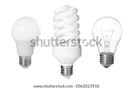 Comparison of different light bulbs on white background, collage