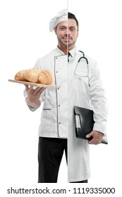 Comparison Of Doctor And Chef's Outlook. Chef Wearing White Chef's Tunic, Holing Plate With Fresh Baked Croissants. Doctor Wearing White Medical Gown, Having Tonometer, Keeping Disease History.