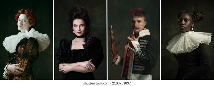 Comparison of eras. Set of young people in image of historical, medieval persons in vintage clothing on dark background. Concept of style, fashion, modernity. Creative collage. Flyer - Shutterstock ID 2108951837