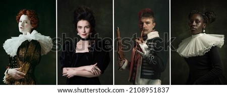 Comparison of eras. Set of young people in image of historical, medieval persons in vintage clothing on dark background. Concept of style, fashion, modernity. Creative collage. Flyer