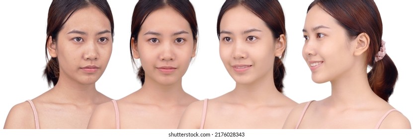 Comparison Face Of Beautiful Asian Young Woman Before And After Make Up. Development Of Skin Repairing And Retouching Concept.