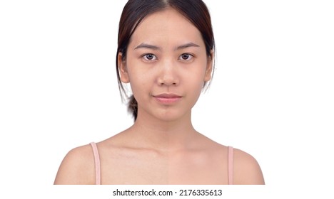 Comparison Face Of Beautiful Asian Young Woman Before And After Make Up. Development Of Skin Repairing And Retouching Concept.