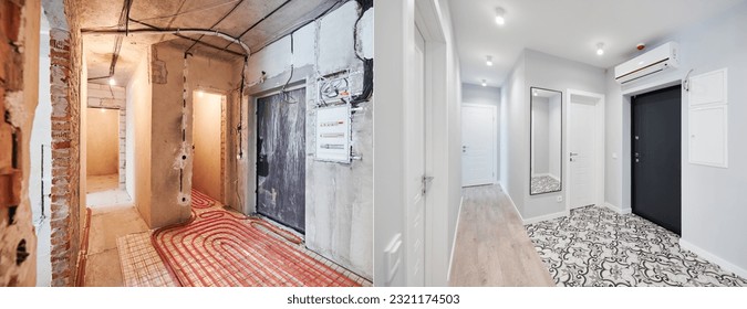 Comparison of old flat with underfloor heating pipes and new renovated apartment with modern interior design. Hallway with heated floor before and after renovation.