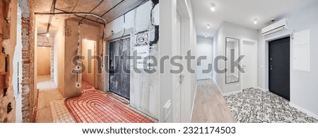 Comparison of old flat with underfloor heating pipes and new renovated apartment with modern interior design. Hallway with heated floor before and after renovation.