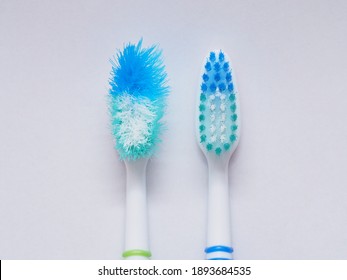 Comparison Of The Old And New Toothbrushes In Macro View, Showing Different Bristle Conditions: Time To Change A New Toothbrush