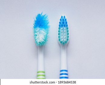 Comparison Of The Old And New Toothbrushes In Macro View, Showing Different Bristle Conditions: Time To Change A New Toothbrush