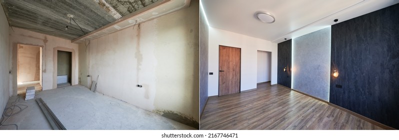 Comparison of old room with building tools and new renovated room. Photo collage of apartment before and after restoration. Concept of home renovation. - Shutterstock ID 2167746471