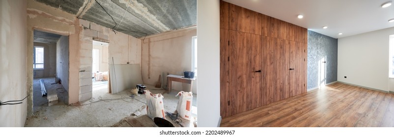 Comparison Of Old Room With Building Tools And New Renovated Room. Photo Collage Of Apartment Before And After Restoration. Concept Of Home Renovation.