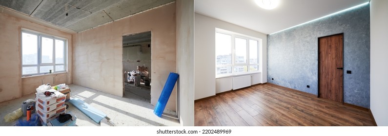 Comparison Of Old Room With Building Tools And New Renovated Room. Photo Collage Of Apartment Before And After Restoration. Concept Of Home Renovation.