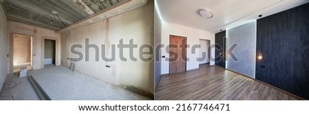 Comparison of old room with building tools and new renovated room. Photo collage of apartment before and after restoration. Concept of home renovation.