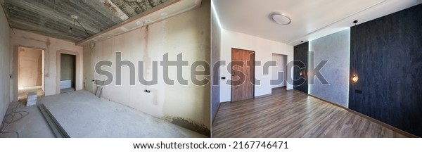 Comparison of old room with building tools\
and new renovated room. Photo collage of apartment before and after\
restoration. Concept of home\
renovation.